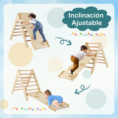 Escalador Triangular de Madera 3 en 1 con Rampa Ajustable para Escalar y Deslizarse Juguete Triángulo de Escalada para Niños Natural