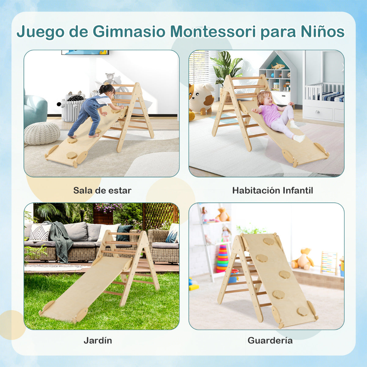 Escalador Triangular de Madera 3 en 1 con Rampa Ajustable para Escalar y Deslizarse Juguete Triángulo de Escalada para Niños Natural