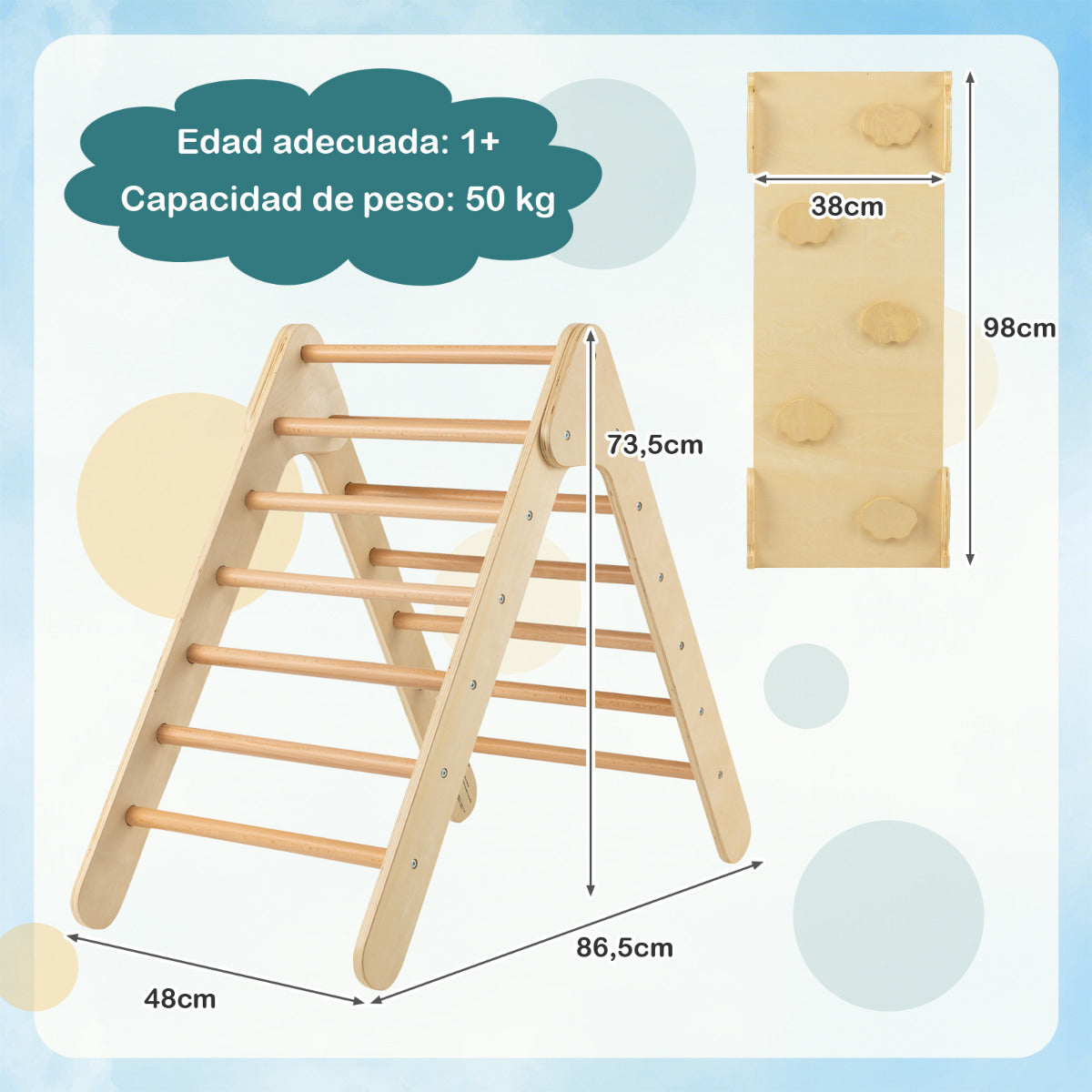 Escalador Triangular de Madera 3 en 1 con Rampa Ajustable para Escalar y Deslizarse Juguete Triángulo de Escalada para Niños Natural