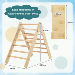 Escalador Triangular de Madera 3 en 1 con Rampa Ajustable para Escalar y Deslizarse Juguete Triángulo de Escalada para Niños Natural