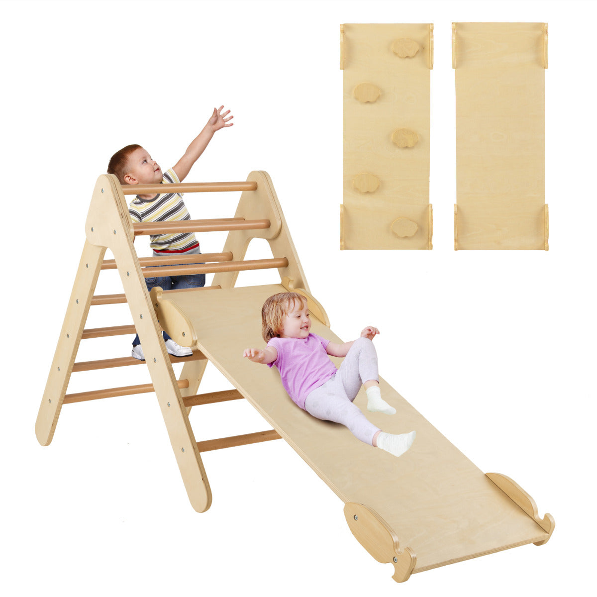 Escalador Triangular de Madera 3 en 1 con Rampa Ajustable para Escalar y Deslizarse Juguete Triángulo de Escalada para Niños Natural