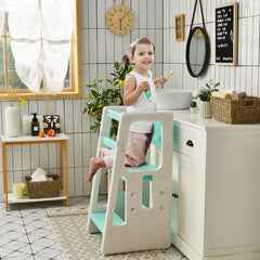 Taburete Escalera para Niños Torre de Aprendizaje con 3 Alturas Regulables para Niños con Doble Barrera de Seguridad Verde