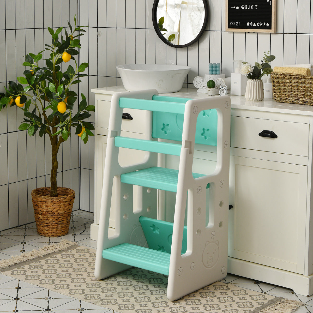 Taburete Escalera para Niños Torre de Aprendizaje con 3 Alturas Regulables para Niños con Doble Barrera de Seguridad Verde