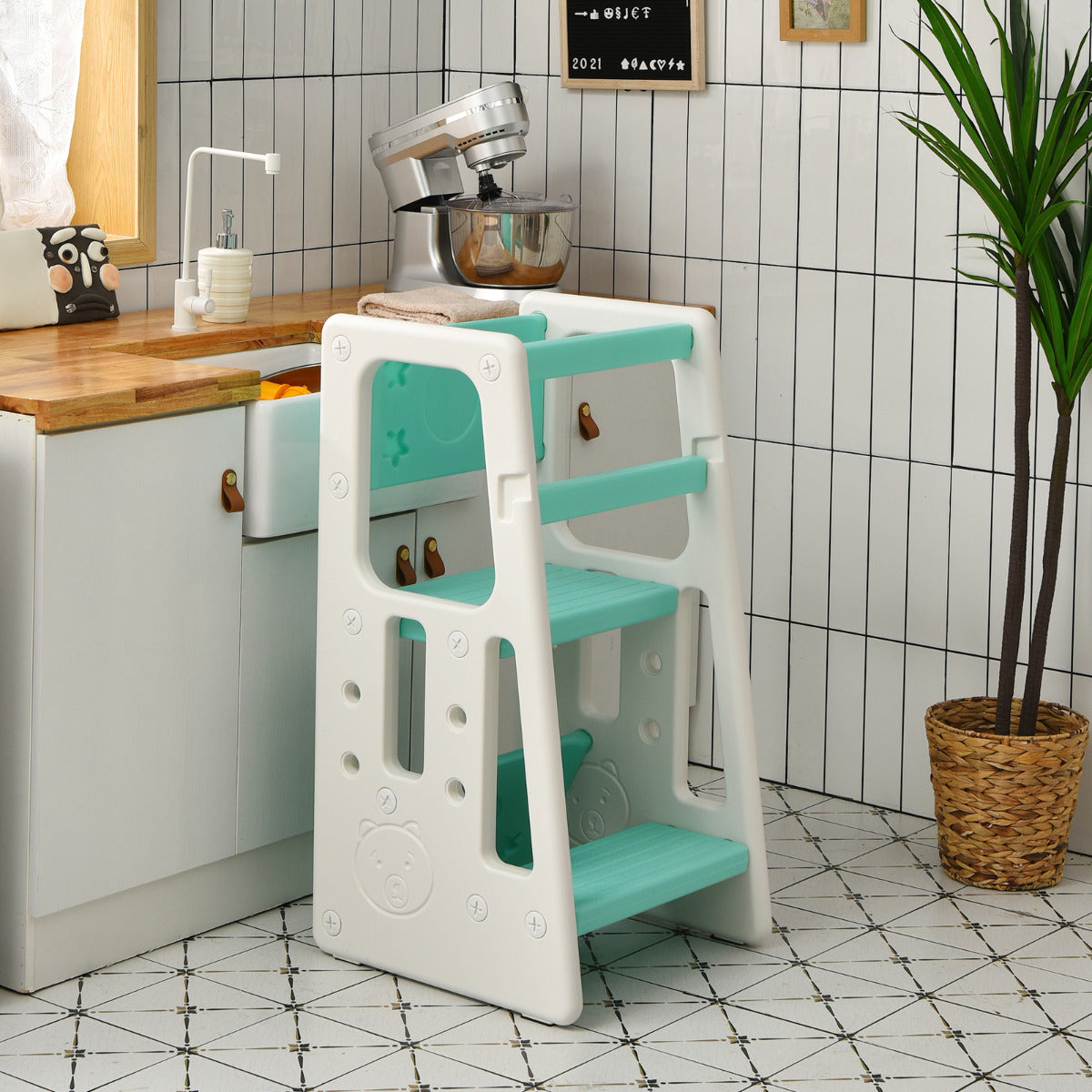 Taburete Escalera para Niños Torre de Aprendizaje con 3 Alturas Regulables para Niños con Doble Barrera de Seguridad Verde