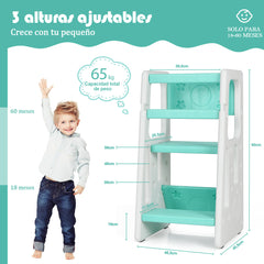 Taburete Escalera para Niños Torre de Aprendizaje con 3 Alturas Regulables para Niños con Doble Barrera de Seguridad Verde