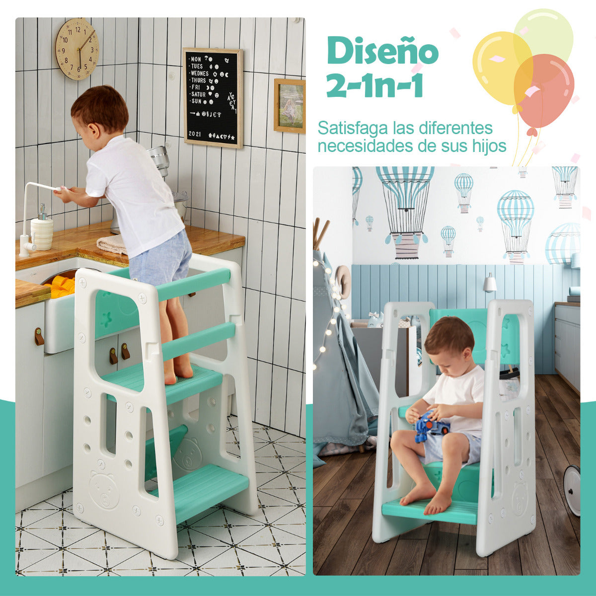 Taburete Escalera para Niños Torre de Aprendizaje con 3 Alturas Regulables para Niños con Doble Barrera de Seguridad Verde