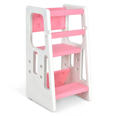 Taburete Escalera para Niños Torre de Aprendizaje con 3 Alturas Regulables para Niños con Doble Barrera de Seguridad Rosa