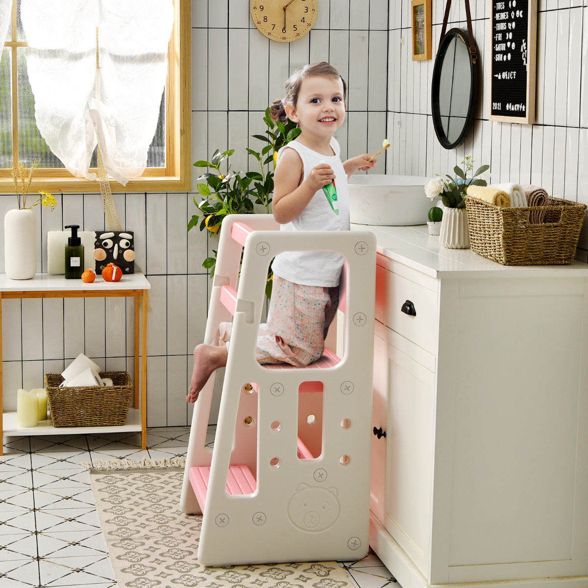 Taburete Escalera para Niños Torre de Aprendizaje con 3 Alturas Regulables para Niños con Doble Barrera de Seguridad Rosa