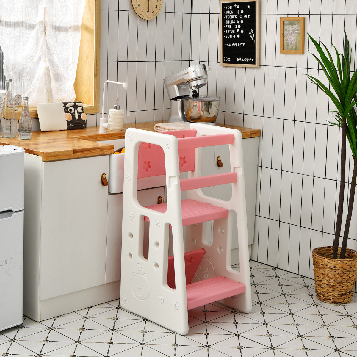 Taburete Escalera para Niños Torre de Aprendizaje con 3 Alturas Regulables para Niños con Doble Barrera de Seguridad Rosa