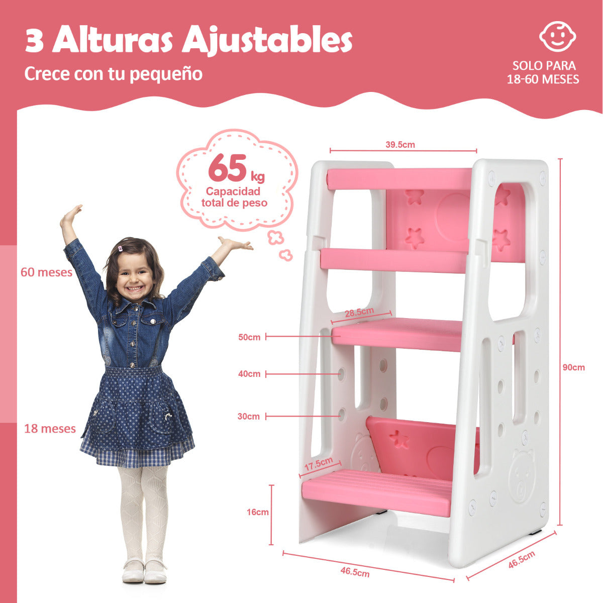 Taburete Escalera para Niños Torre de Aprendizaje con 3 Alturas Regulables para Niños con Doble Barrera de Seguridad Rosa