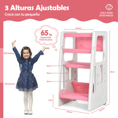 Taburete Escalera para Niños Torre de Aprendizaje con 3 Alturas Regulables para Niños con Doble Barrera de Seguridad Rosa