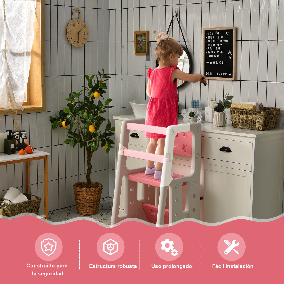 Taburete Escalera para Niños Torre de Aprendizaje con 3 Alturas Regulables para Niños con Doble Barrera de Seguridad Rosa