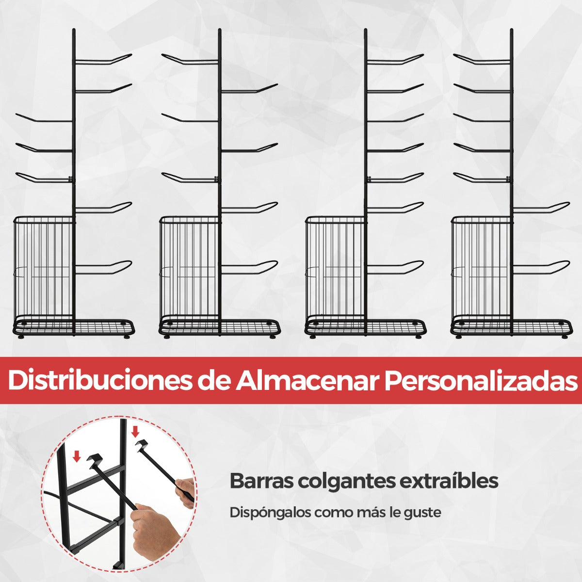 Estante de Almacenamiento de Pelotas de 7 Niveles Soporte de Baloncesto con 7 Barras Colgantes Desmontables y Cesta Lateral para Pelotas