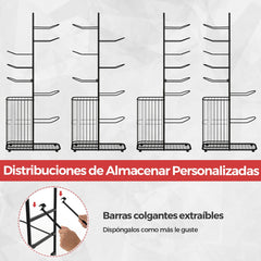 Estante de Almacenamiento de Pelotas de 7 Niveles Soporte de Baloncesto con 7 Barras Colgantes Desmontables y Cesta Lateral para Pelotas