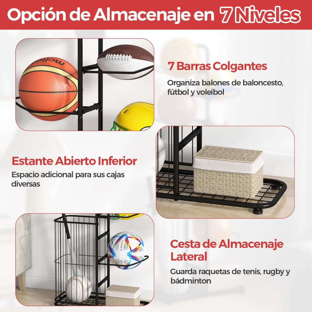 Estante de Almacenamiento de Pelotas de 7 Niveles Soporte de Baloncesto con 7 Barras Colgantes Desmontables y Cesta Lateral para Pelotas