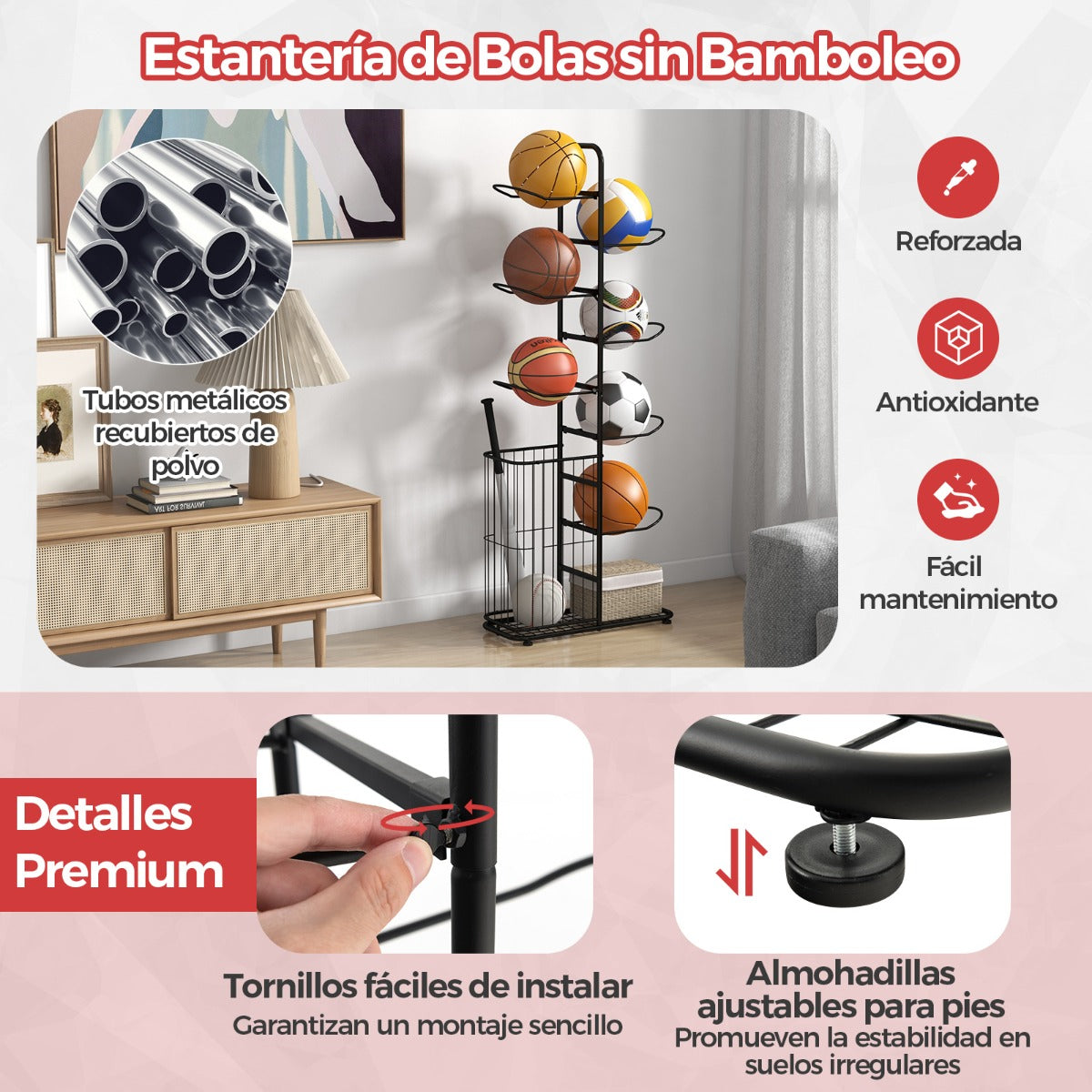 Estante de Almacenamiento de Pelotas de 7 Niveles Soporte de Baloncesto con 7 Barras Colgantes Desmontables y Cesta Lateral para Pelotas