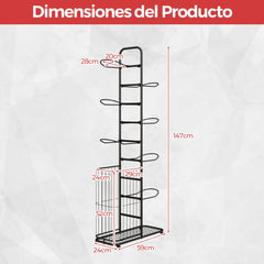 Estante de Almacenamiento de Pelotas de 7 Niveles Soporte de Baloncesto con 7 Barras Colgantes Desmontables y Cesta Lateral para Pelotas