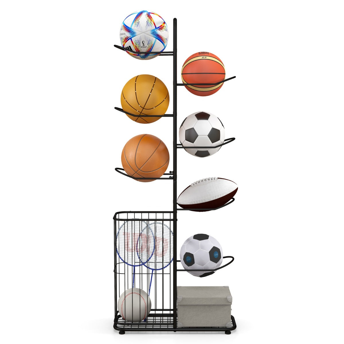 Estante de Almacenamiento de Pelotas de 7 Niveles Soporte de Baloncesto con 7 Barras Colgantes Desmontables y Cesta Lateral para Pelotas