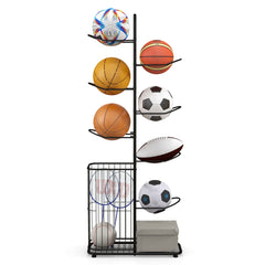 Estante de Almacenamiento de Pelotas de 7 Niveles Soporte de Baloncesto con 7 Barras Colgantes Desmontables y Cesta Lateral para Pelotas