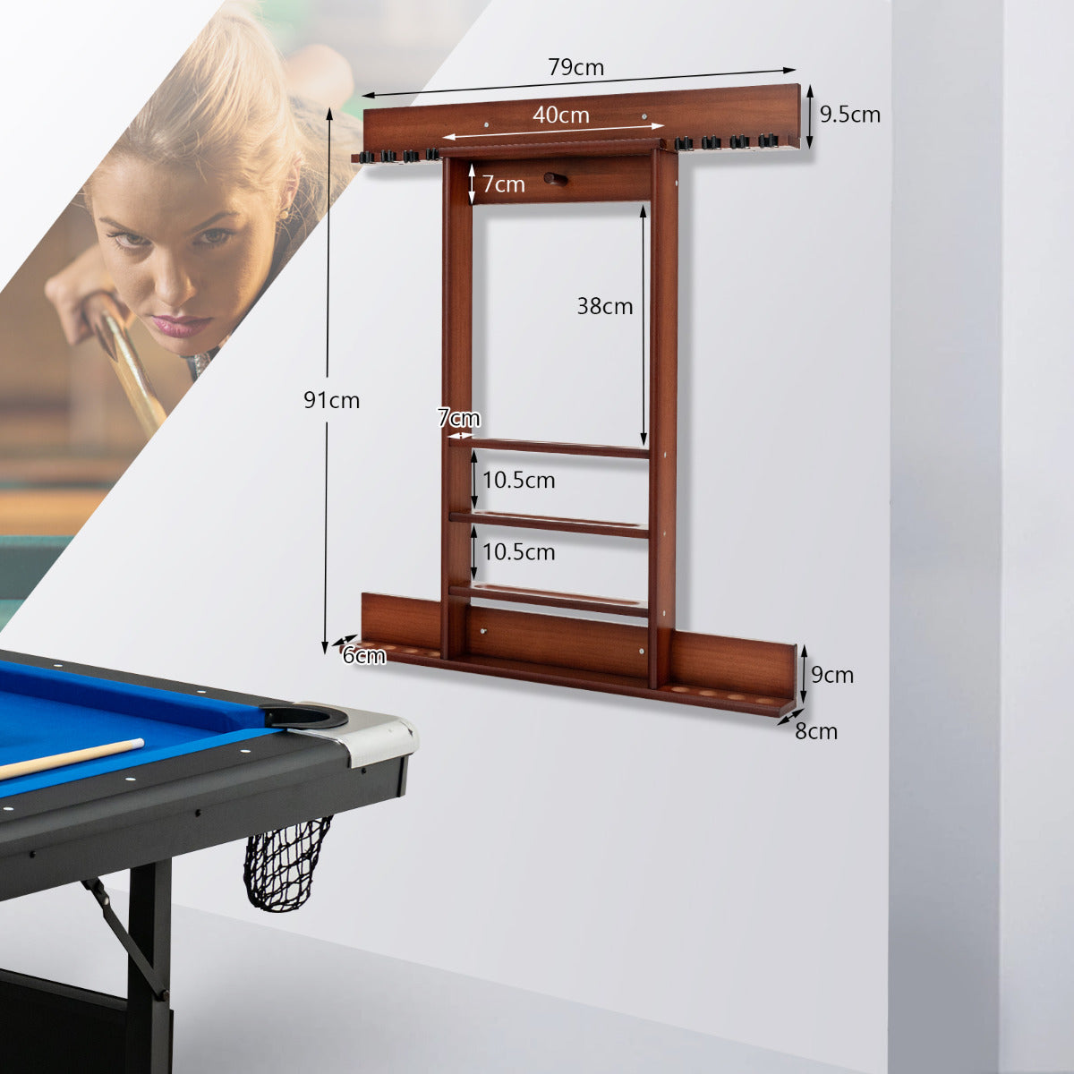 Estante de Billar Montado en la Pared de Madera Pino Macizo 8 Tacos 15 Bolas 1 Soporte para Sala de Billar Club Bar 79 x 8 x 91 cm Marrón