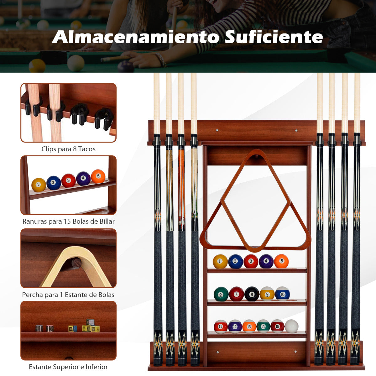 Estante de Billar Montado en la Pared de Madera Pino Macizo 8 Tacos 15 Bolas 1 Soporte para Sala de Billar Club Bar 79 x 8 x 91 cm Marrón