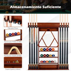 Estante de Billar Montado en la Pared de Madera Pino Macizo 8 Tacos 15 Bolas 1 Soporte para Sala de Billar Club Bar 79 x 8 x 91 cm Marrón
