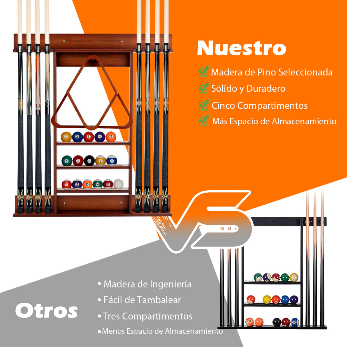 Estante de Billar Montado en la Pared de Madera Pino Macizo 8 Tacos 15 Bolas 1 Soporte para Sala de Billar Club Bar 79 x 8 x 91 cm Marrón