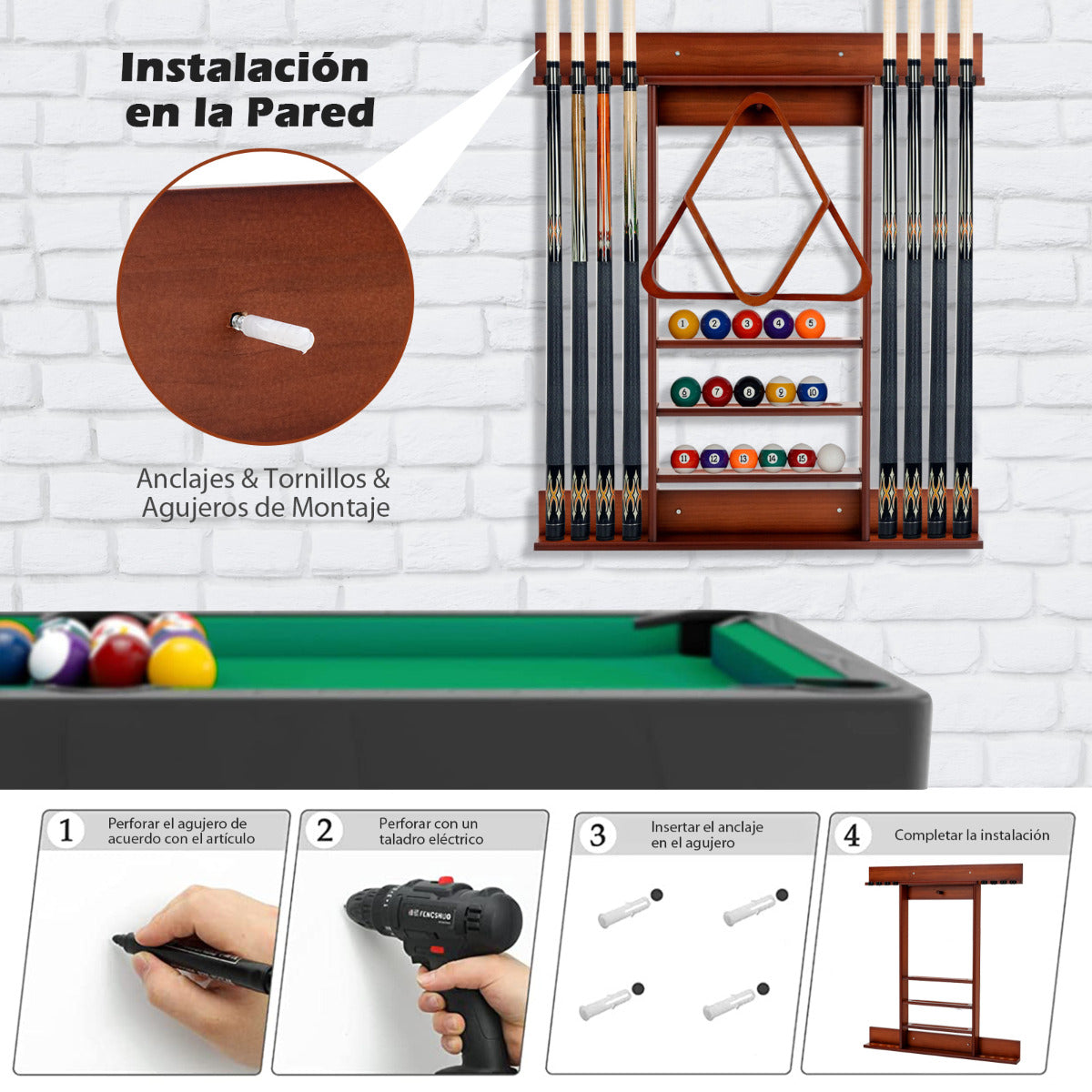 Estante de Billar Montado en la Pared de Madera Pino Macizo 8 Tacos 15 Bolas 1 Soporte para Sala de Billar Club Bar 79 x 8 x 91 cm Marrón