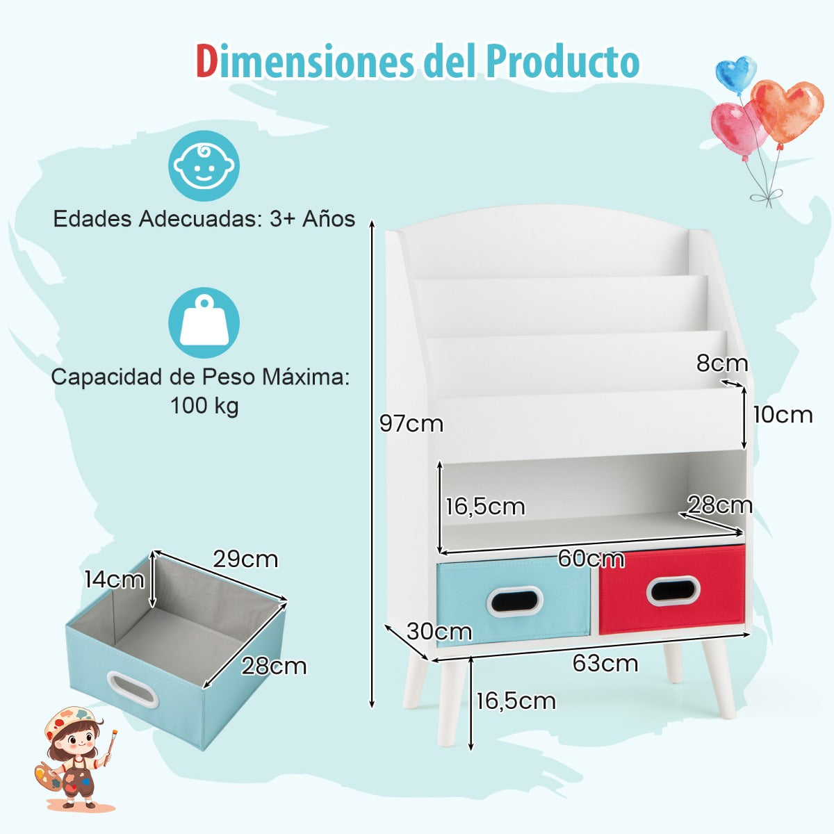Estantería para Niños Mueble de Exposición de Libros con Estantes de 3 Niveles y 2 Cajones Plegables Organizador de Juguetes Blanco