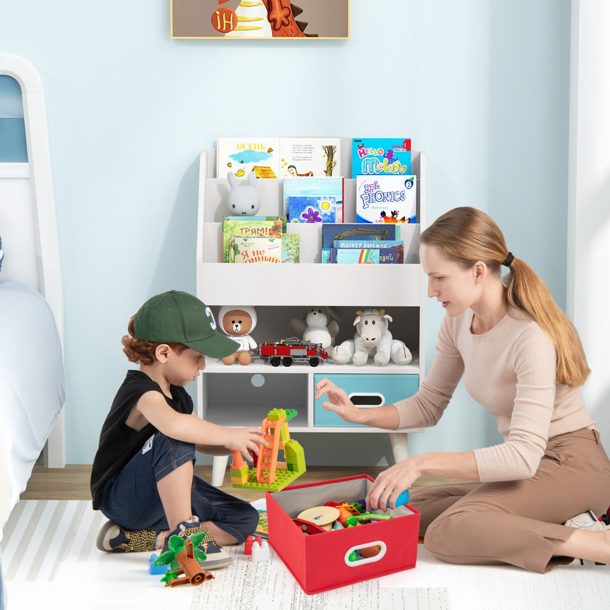 Estantería para Niños Mueble de Exposición de Libros con Estantes de 3 Niveles y 2 Cajones Plegables Organizador de Juguetes Blanco