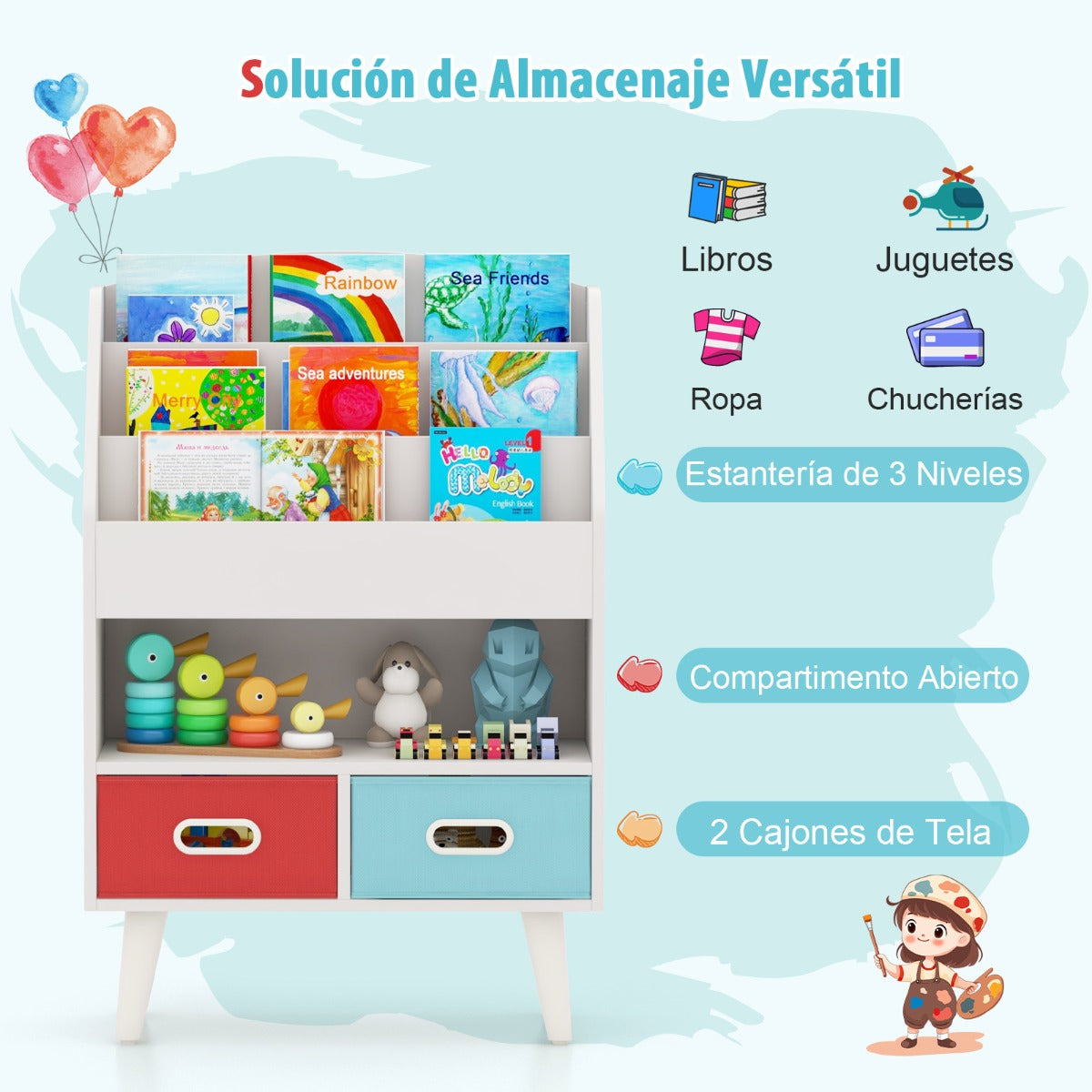 Estantería para Niños Mueble de Exposición de Libros con Estantes de 3 Niveles y 2 Cajones Plegables Organizador de Juguetes Blanco