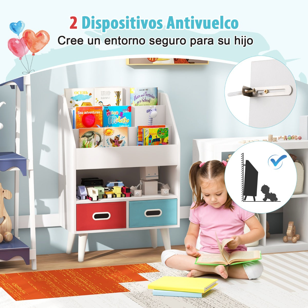 Estantería para Niños Mueble de Exposición de Libros con Estantes de 3 Niveles y 2 Cajones Plegables Organizador de Juguetes Blanco