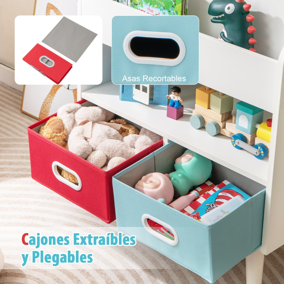 Estantería para Niños Mueble de Exposición de Libros con Estantes de 3 Niveles y 2 Cajones Plegables Organizador de Juguetes Blanco