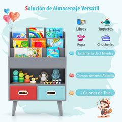 Estantería para Niños Mueble de Exposición de Libros con Estantes de 3 Niveles y 2 Cajones Plegables Organizador de Juguetes Gris