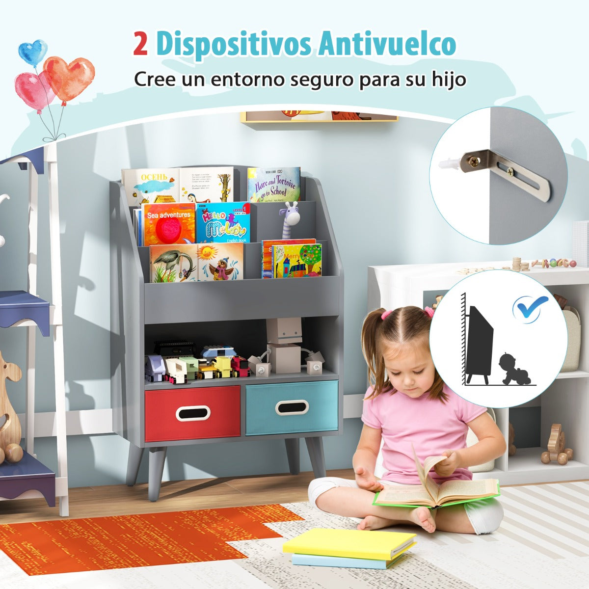 Estantería para Niños Mueble de Exposición de Libros con Estantes de 3 Niveles y 2 Cajones Plegables Organizador de Juguetes Gris