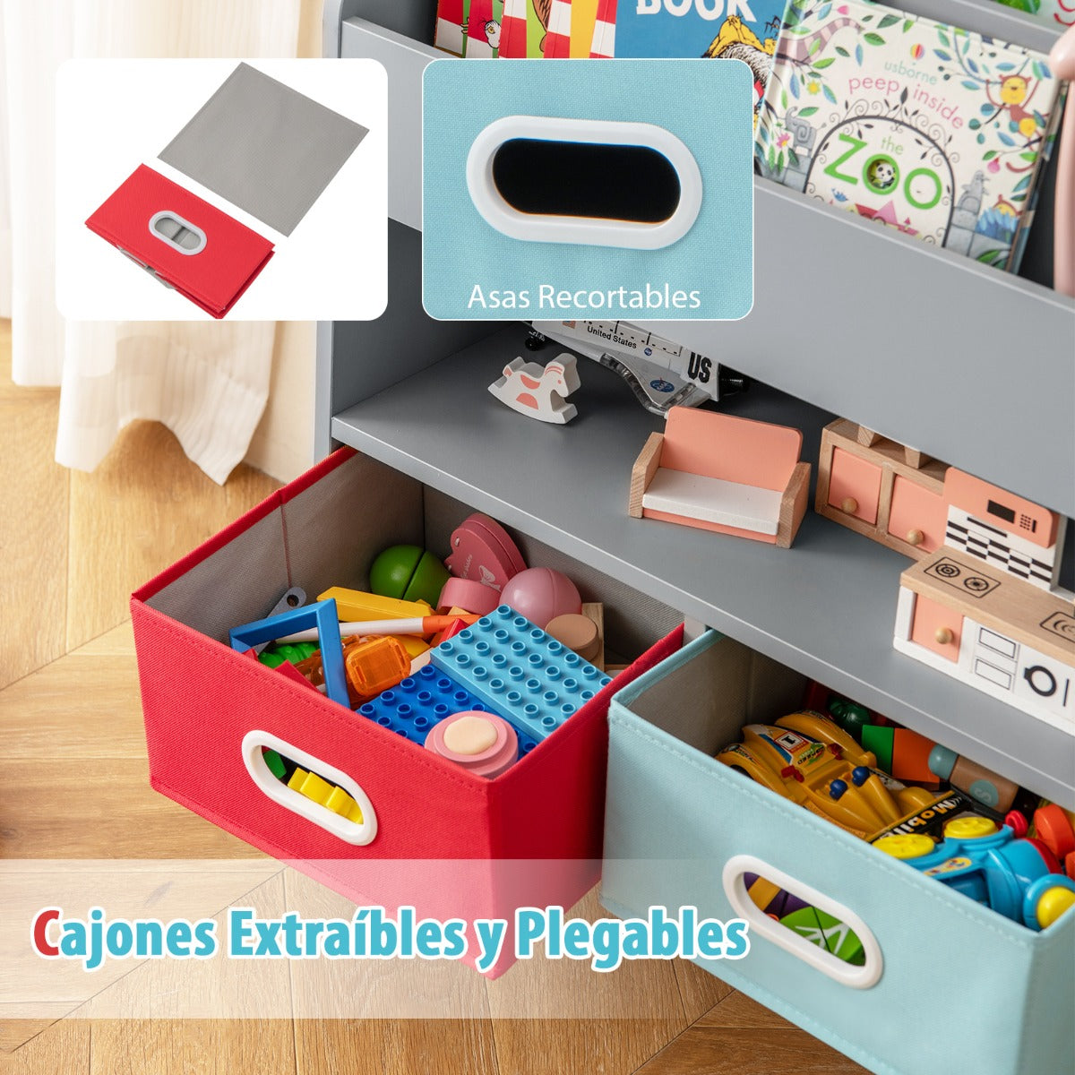 Estantería para Niños Mueble de Exposición de Libros con Estantes de 3 Niveles y 2 Cajones Plegables Organizador de Juguetes Gris