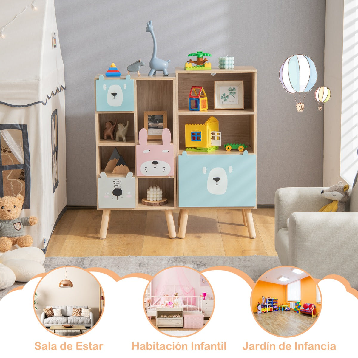 Estantería Infantil de 3 Niveles Librería con Cajones y Compartimentos para Juguetes y Libros Organizador para Exhibir 40,5 x 29 x 85 cm