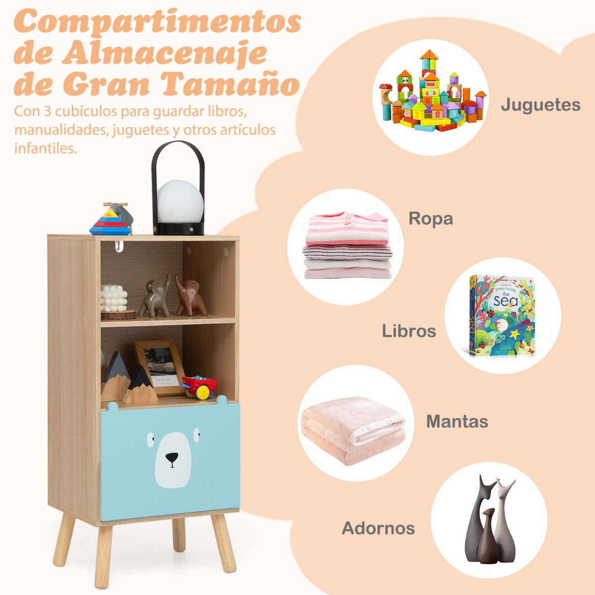 Estantería Infantil de 3 Niveles Librería con Cajones y Compartimentos para Juguetes y Libros Organizador para Exhibir 40,5 x 29 x 85 cm