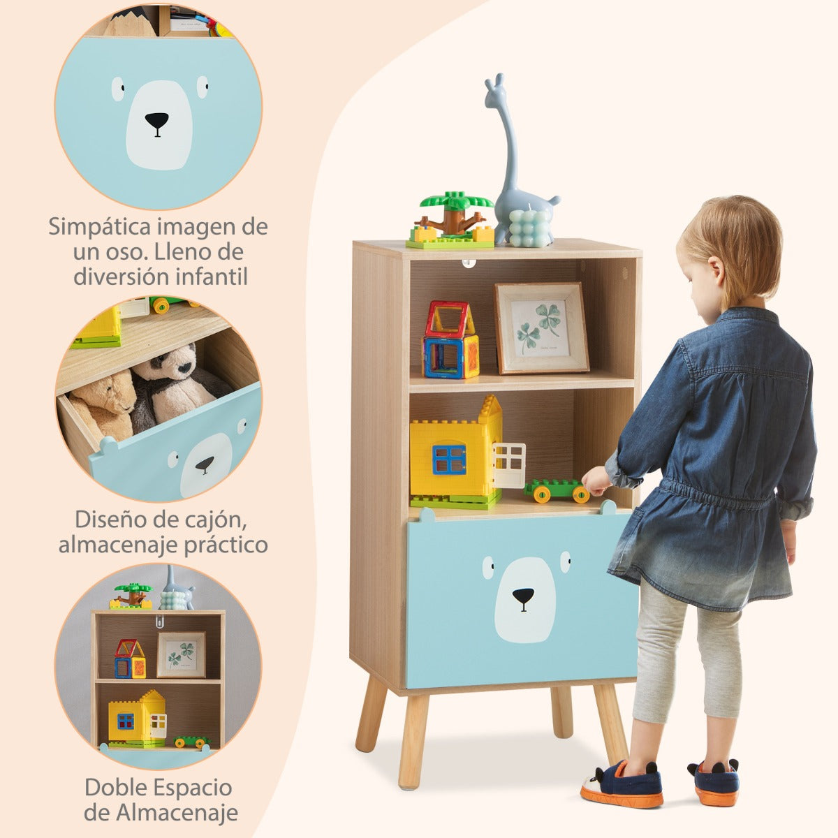 Estantería Infantil de 3 Niveles Librería con Cajones y Compartimentos para Juguetes y Libros Organizador para Exhibir 40,5 x 29 x 85 cm