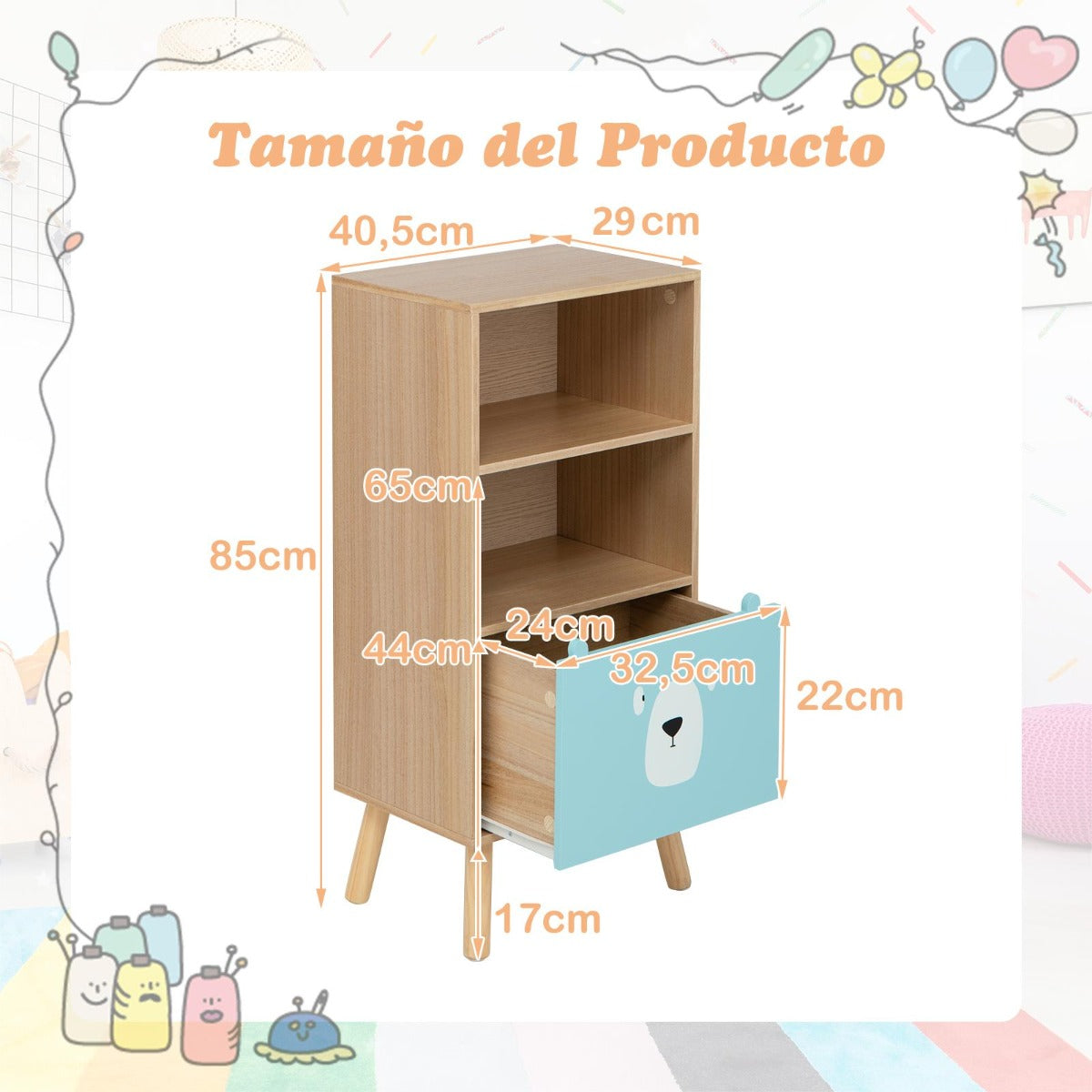 Estantería Infantil de 3 Niveles Librería con Cajones y Compartimentos para Juguetes y Libros Organizador para Exhibir 40,5 x 29 x 85 cm