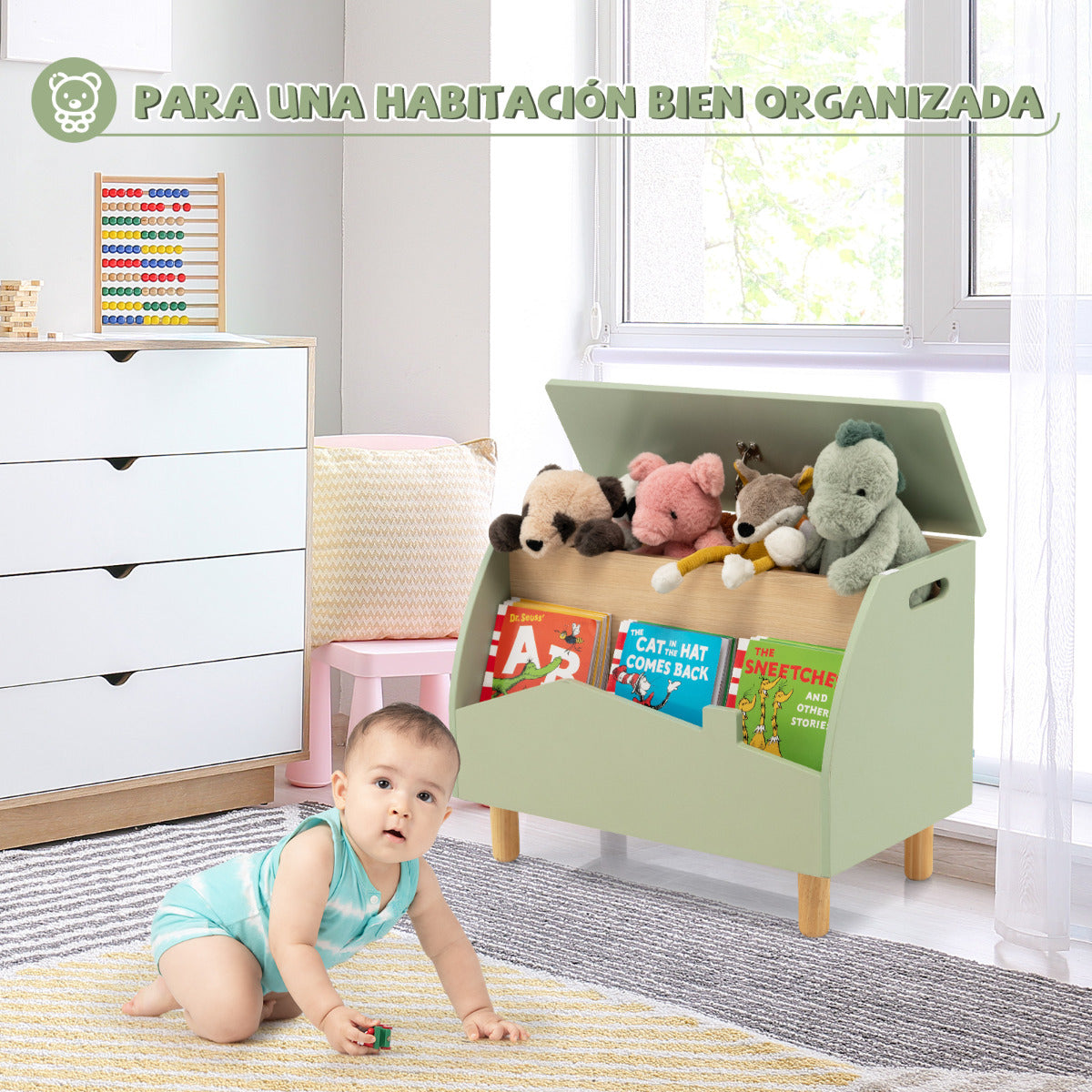 Estantería de Juguetes de Madera con Almacenamioneto Baúl de Juguetes para Niños Estante Expositor Librería Infantil 60 x 30 x 44 cm Verde