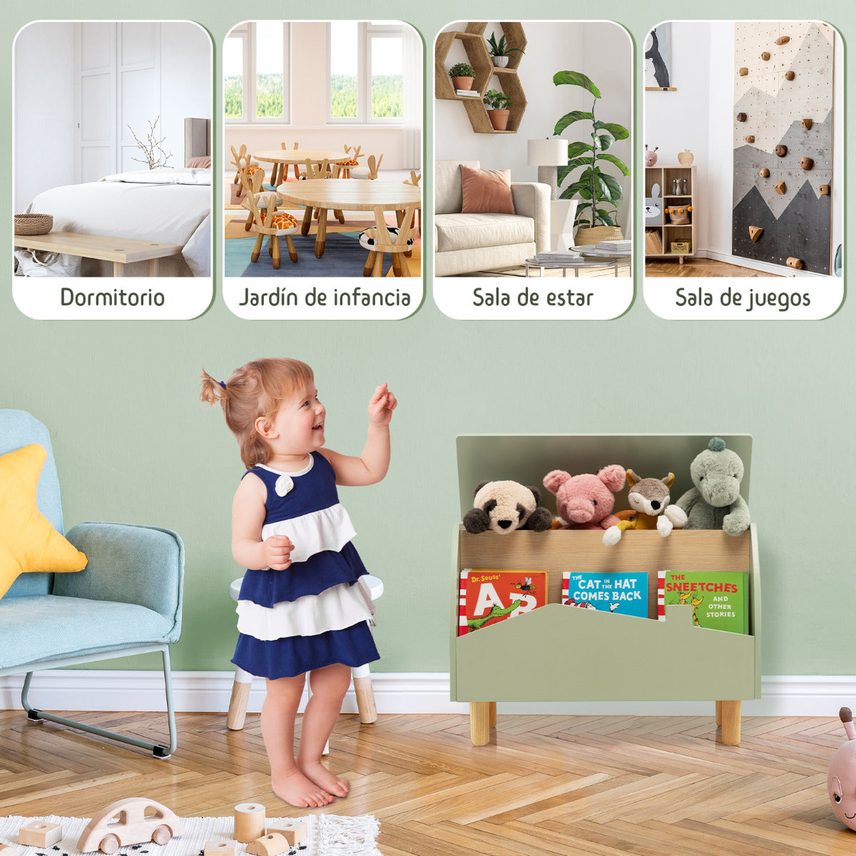 Estantería de Juguetes de Madera con Almacenamioneto Baúl de Juguetes para Niños Estante Expositor Librería Infantil 60 x 30 x 44 cm Verde