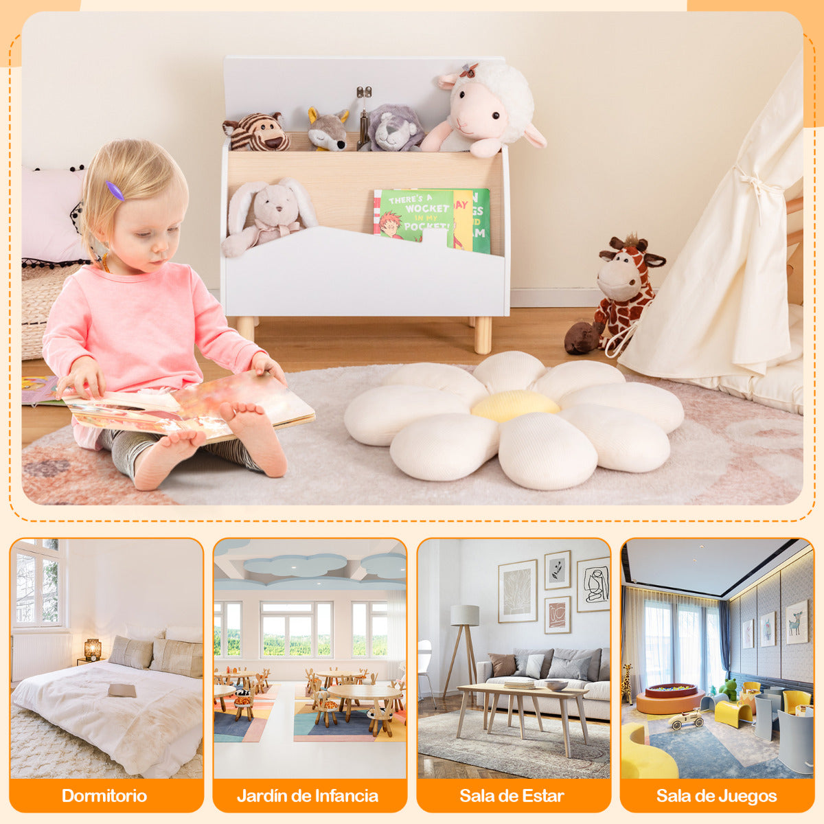 Estantería de Juguetes de Madera con Almacenamioneto Baúl de Juguetes para Niños Estante Expositor Librería Infantil 60 x 30 x 44 cm Blanco