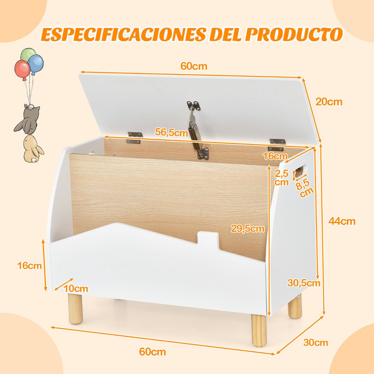 Estantería de Juguetes de Madera con Almacenamioneto Baúl de Juguetes para Niños Estante Expositor Librería Infantil 60 x 30 x 44 cm Blanco