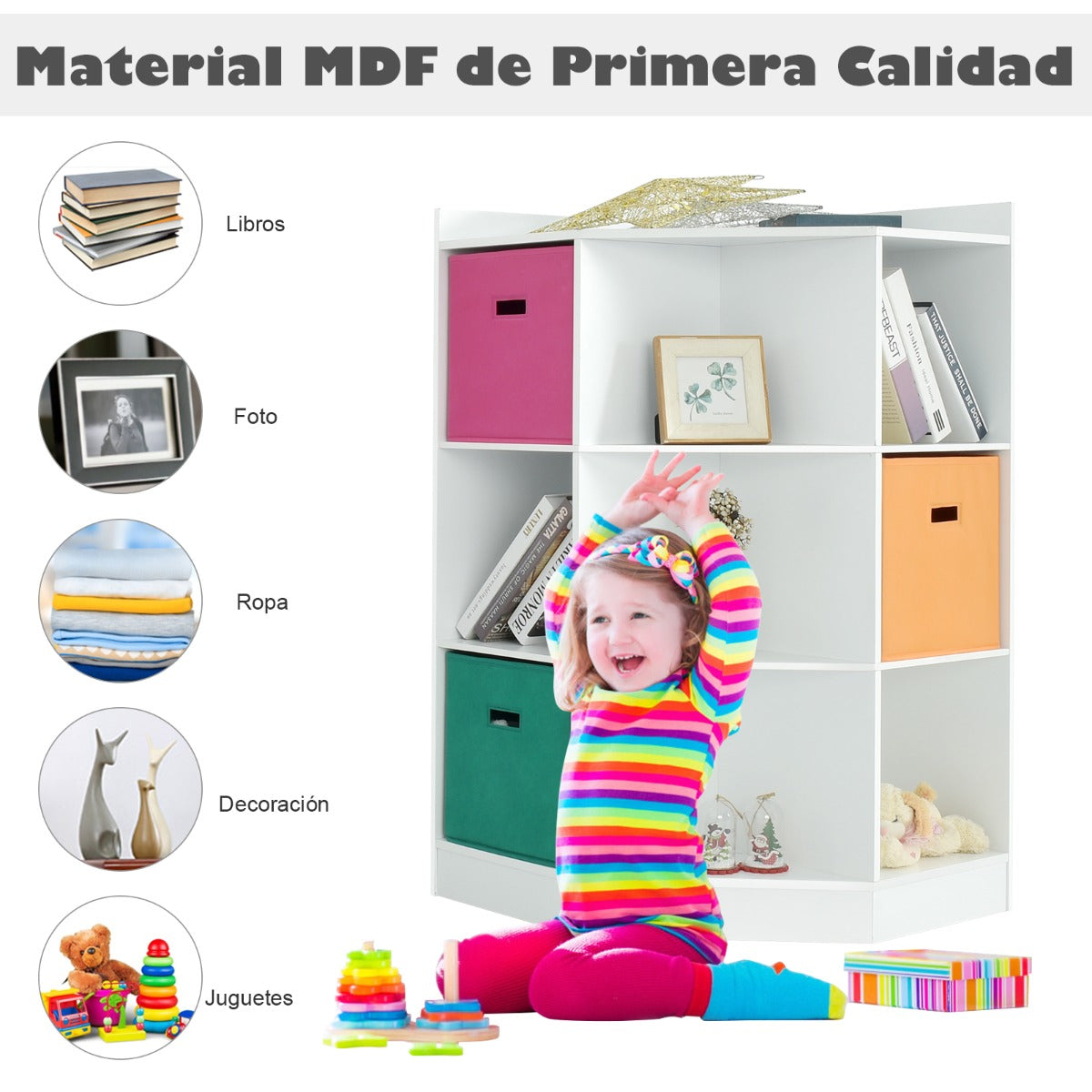 Estantería Infantil Madera de 9 Cubos y 3 Cestas de Colores Organizador de Esquina para Juguetes y Libros 81 x 61 x 94 cm Blanco
