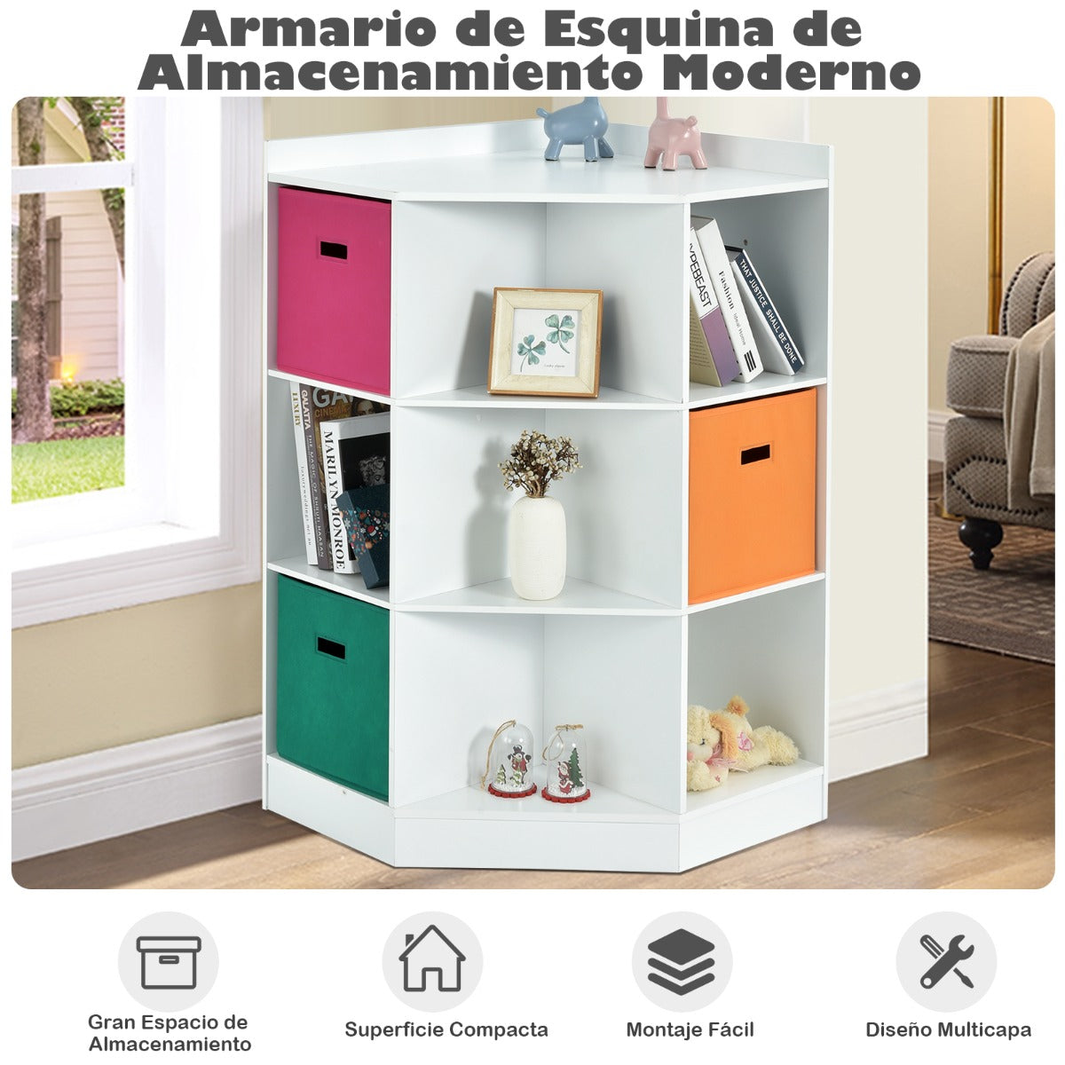 Estantería Infantil Madera de 9 Cubos y 3 Cestas de Colores Organizador de Esquina para Juguetes y Libros 81 x 61 x 94 cm Blanco