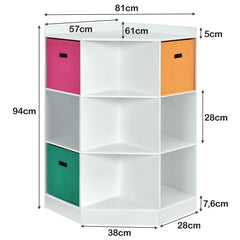 Estantería Infantil Madera de 9 Cubos y 3 Cestas de Colores Organizador de Esquina para Juguetes y Libros 81 x 61 x 94 cm Blanco