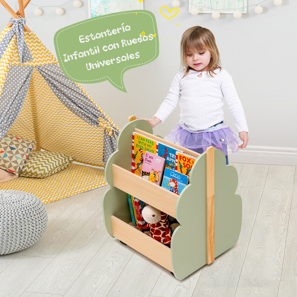 Estantería Infantil de Madera con Ruedas Librería 2 Niveles para Juguetes Multifuncional Organizador de Libros 52 x 46 x 62,5 cm Verde