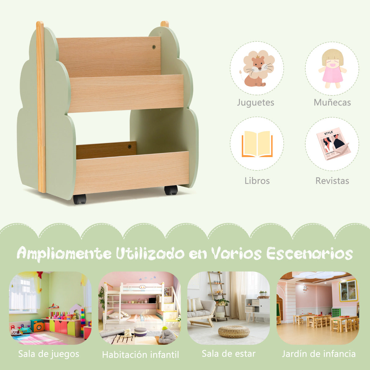 Estantería Infantil de Madera con Ruedas Librería 2 Niveles para Juguetes Multifuncional Organizador de Libros 52 x 46 x 62,5 cm Verde