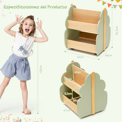 Estantería Infantil de Madera con Ruedas Librería 2 Niveles para Juguetes Multifuncional Organizador de Libros 52 x 46 x 62,5 cm Verde